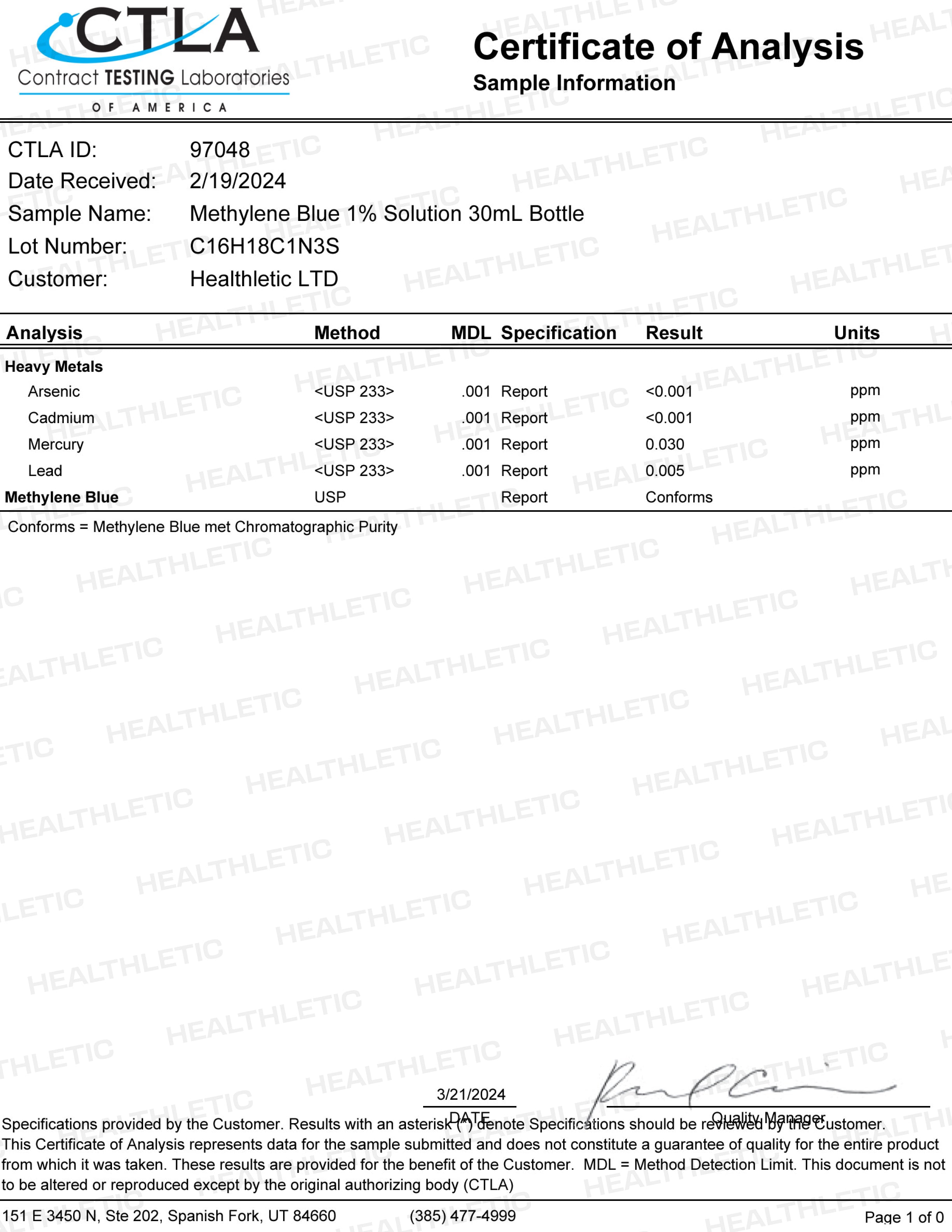 Ultimate methylene blue 1% 30mL (1.0 oz)